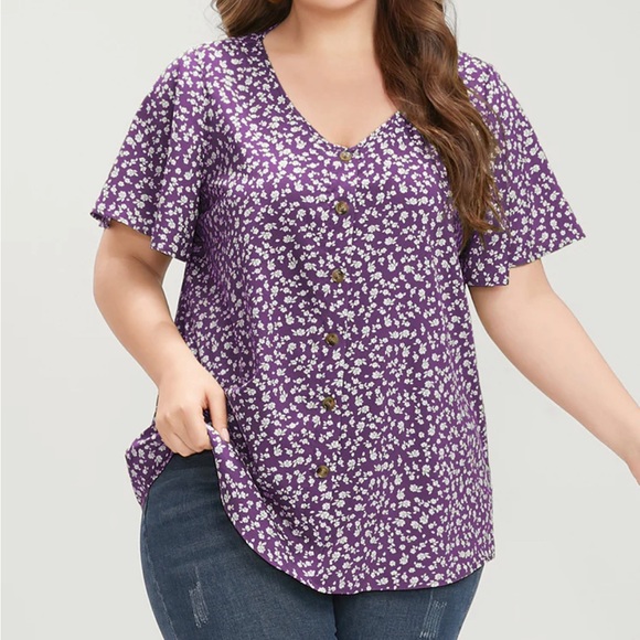 Bloomchic Ditsy Floral Ruffle Sleeve Button Detail Blouse Dark Violet 3X - Picture 1 of 2
